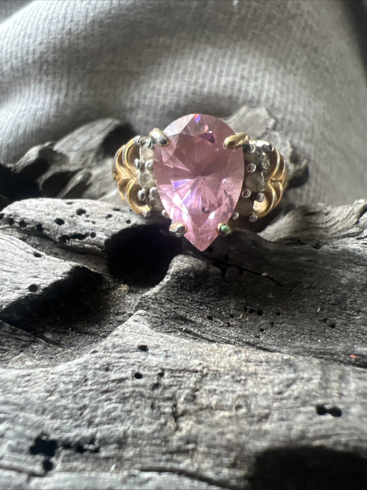 Vintage Stamped Ring-18KT GE Rhinestones With Pink Stone Size 7 3/4