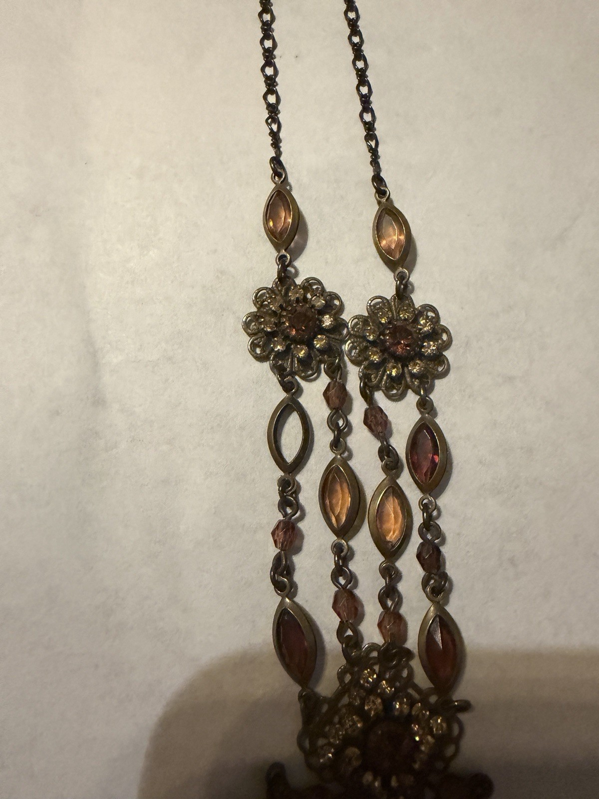 Vintage Avon Rhinestone Filigree Necklace Bronze Tone Victorian Art Deco Boho