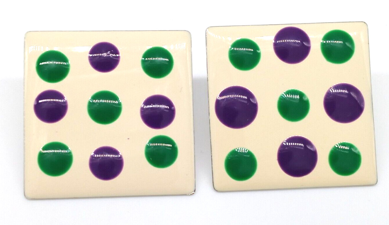 Polka Dot Earrings Purple Green White Enamel Mod Silver Tone Pierced Vintage