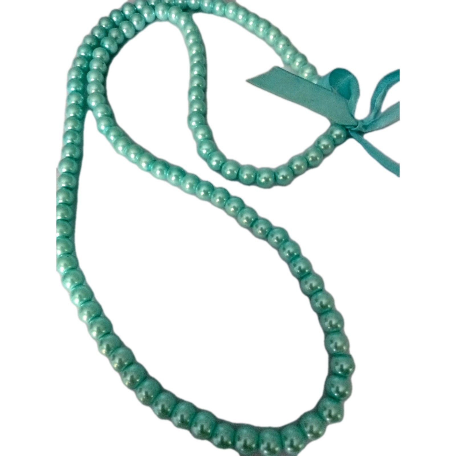 Vintage Faux Pearl Aqua Necklace Ribbon for Bow 30 in No Clasp
