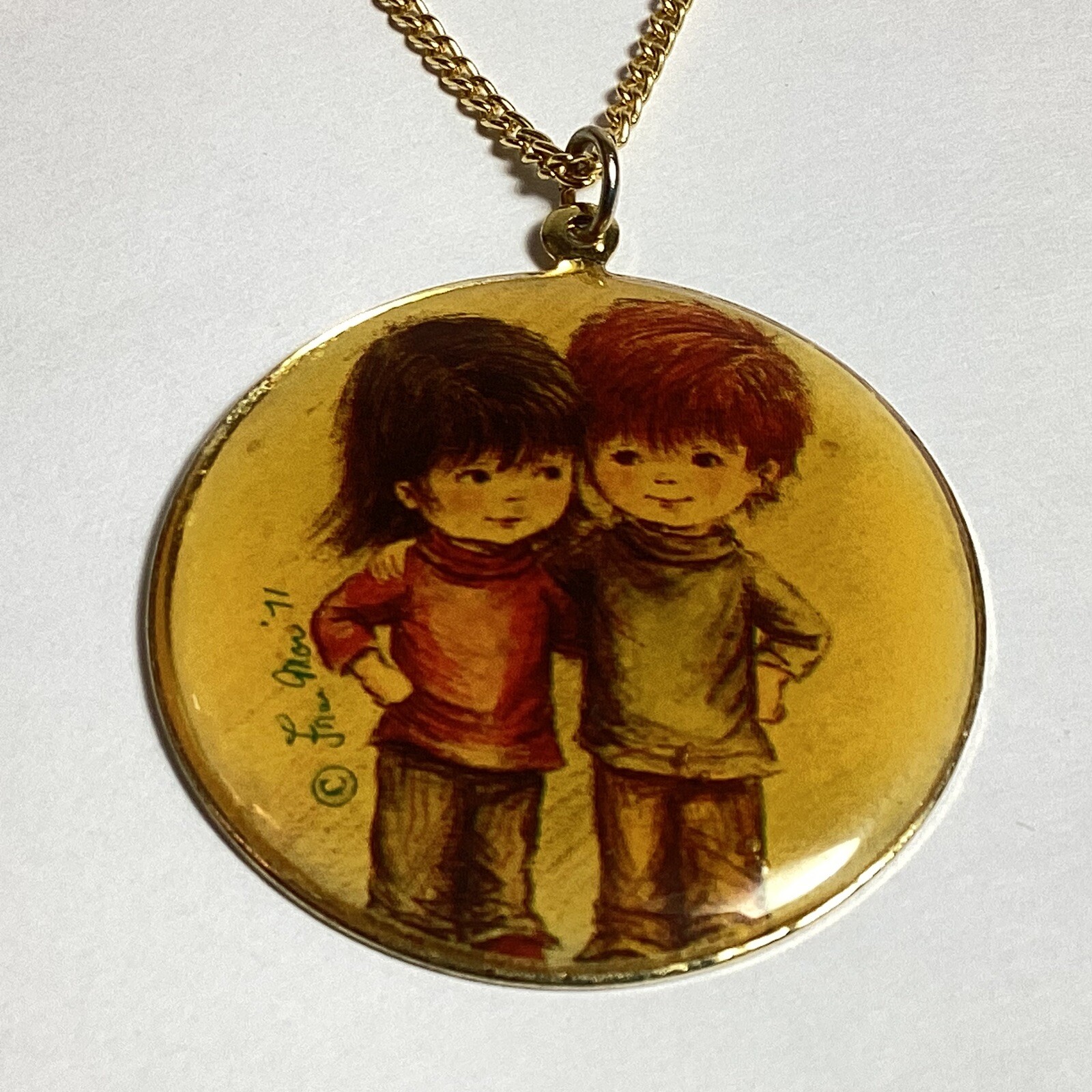 RETRO 1971 SIGNED FRAN MOR “MOPPETS” NECKLACE 19” LENGTH BOY/GIRL MEDALLION