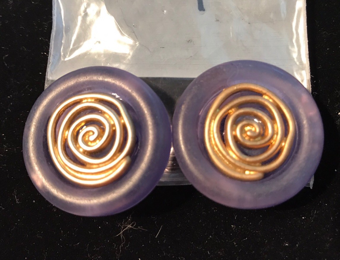 1″ vintage Earrings,clip ons,grape purple lozenge.button w/central gold spiral