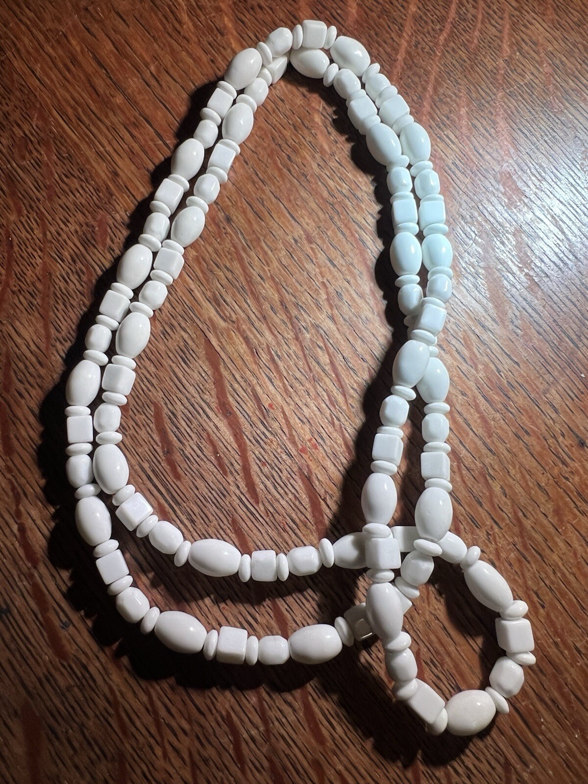 Vintage White Milk Glass Long Necklace Square Oblong Faceted Lozenge Beads 32”