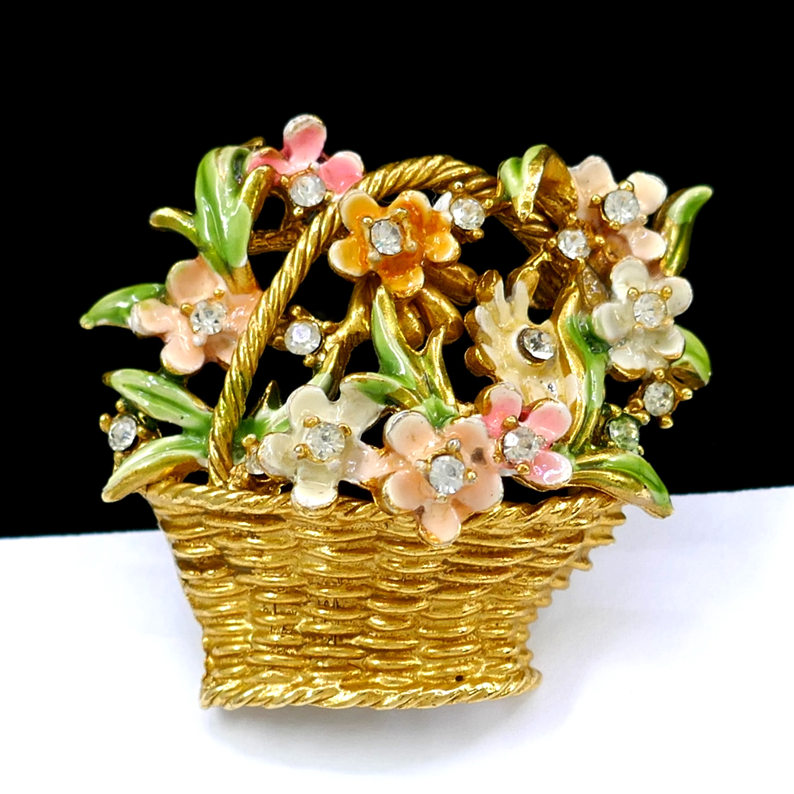 VINTAGE BSK MY FAIR LADY ENAMEL RHINESTONE GOLD FINISH FLOWER BASKET PIN BROOCH