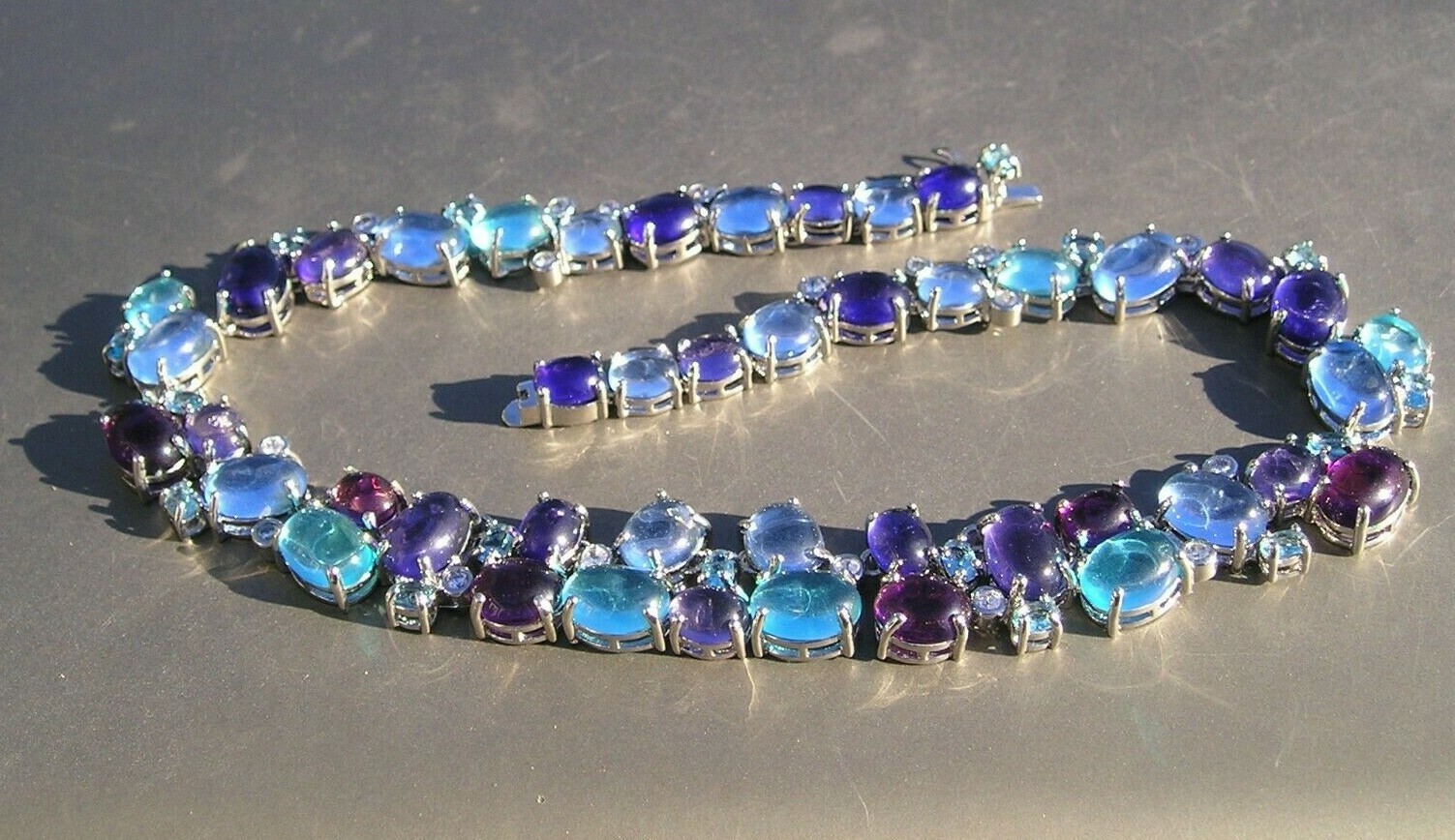 Stunning Vintage Purple Blue Glass Cabochon Open Back Statement Necklace