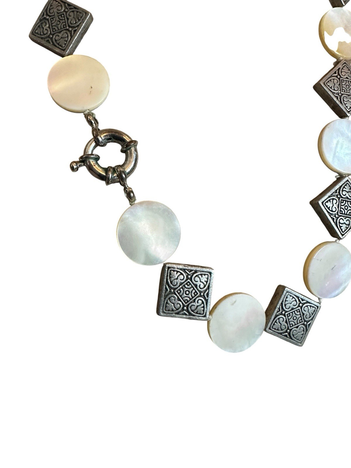 Vintage Mother of Pearl Beaded Disc Necklace With Metal Filigree Disk 18” Heavy