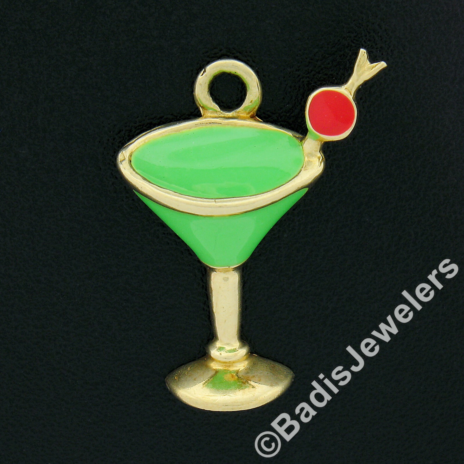 Vintage 14K Yellow Gold Green & Red Enamel Petite Martini Glass Charm Pendant