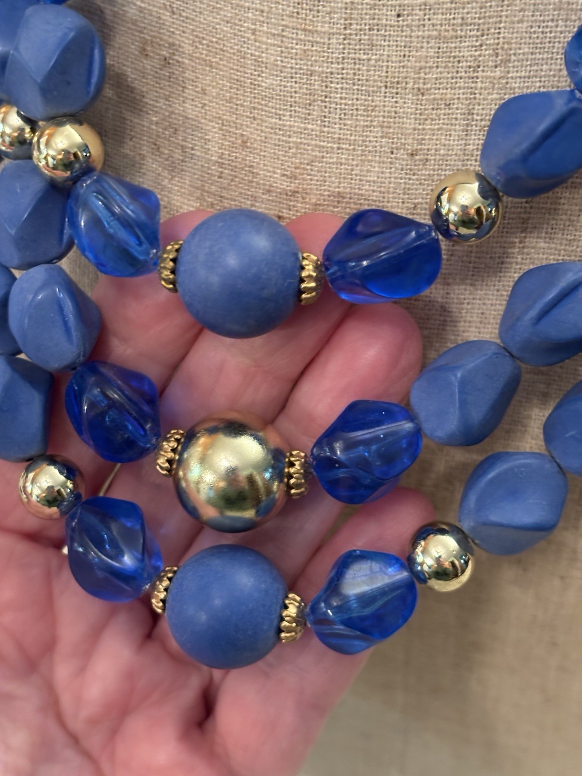 Vintage 50’s-60’s 3 Strand Plastic Blue Beaded Choker Necklace 16 1/2 Inch