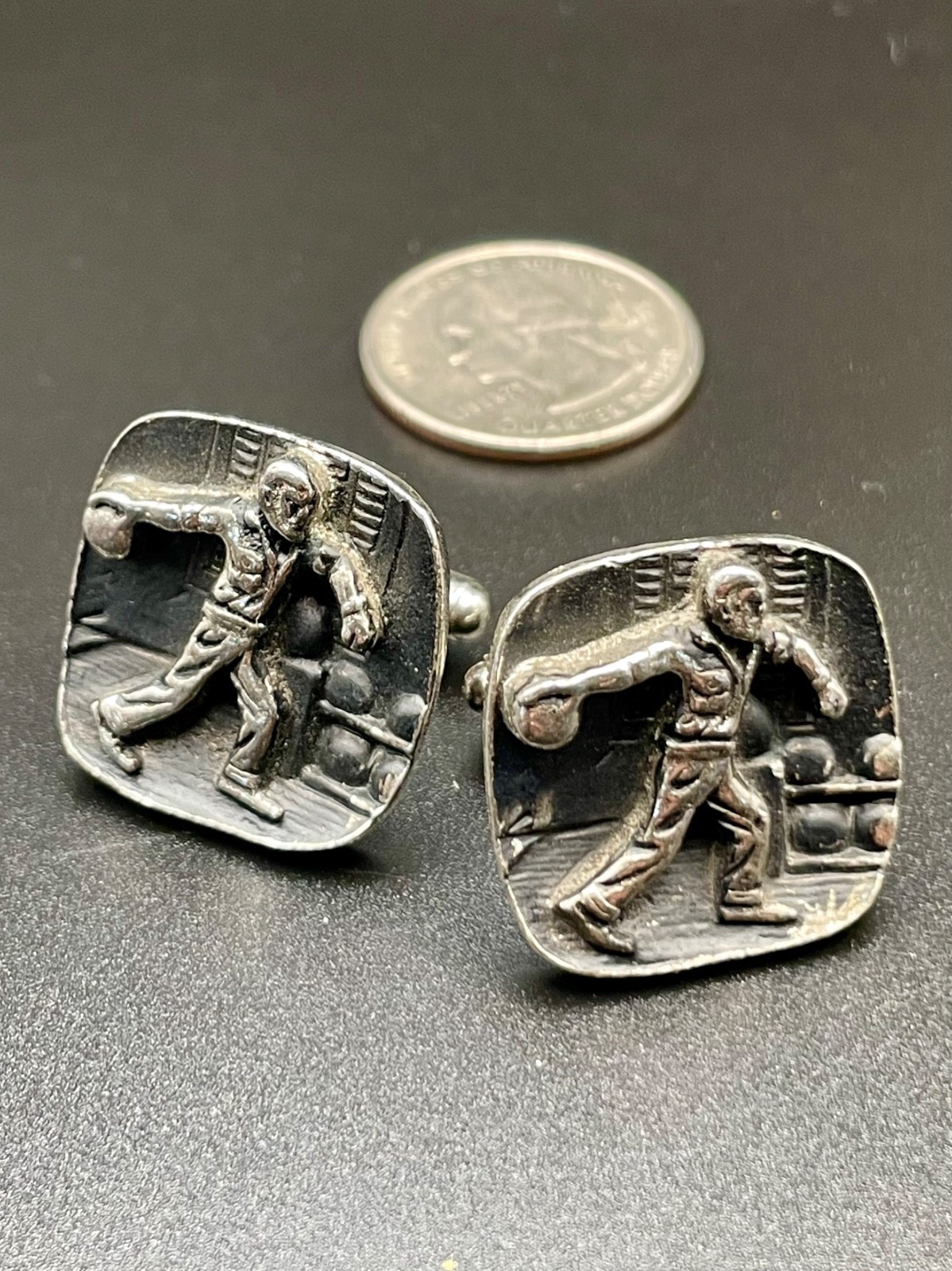 Vintage Bowling Alley Bowler Figural Cufflinks Silver Tone Bas Relief MCM