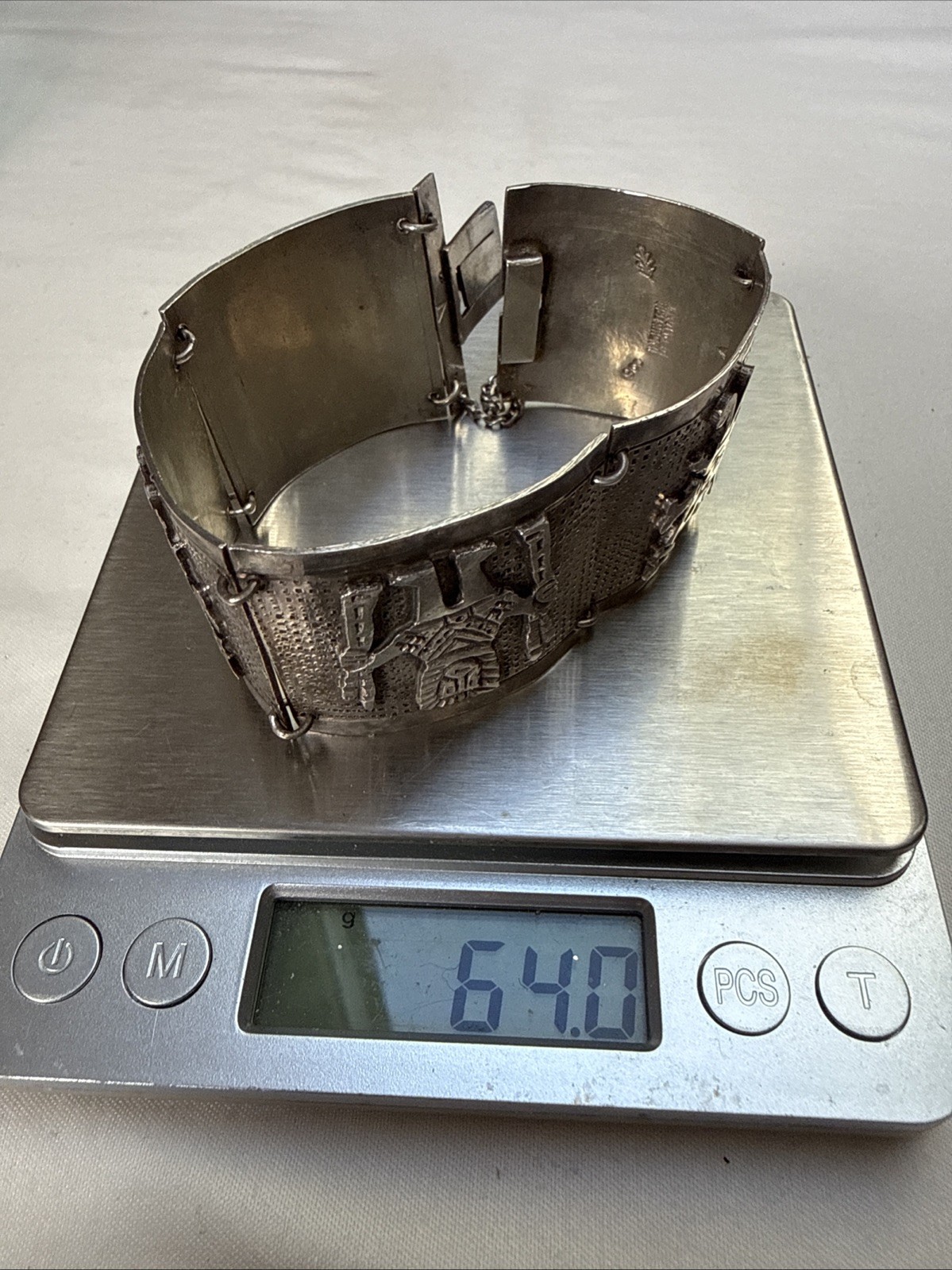 Vintage Silver Peru Panel Bracelet Ethnic Wide Heavy 900 64gram