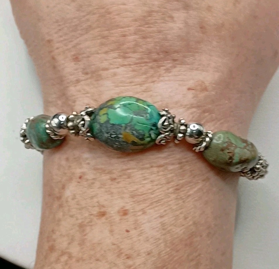 Vintage Green Turquoise Nugget Silver Bracelet Sz 7.75 Untested Popcorn Bead 40g