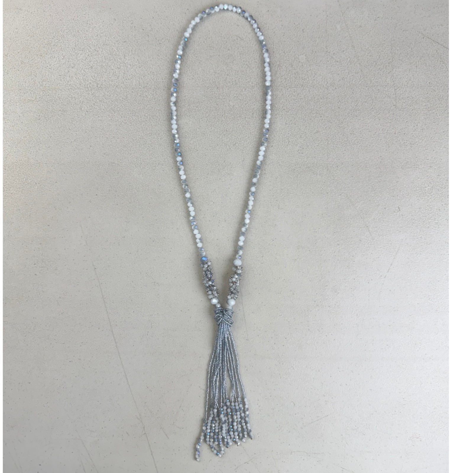 Vintage AB Faceted Crystals Necklace 90s Beaded Tassel Flapper White/Blue-Gray