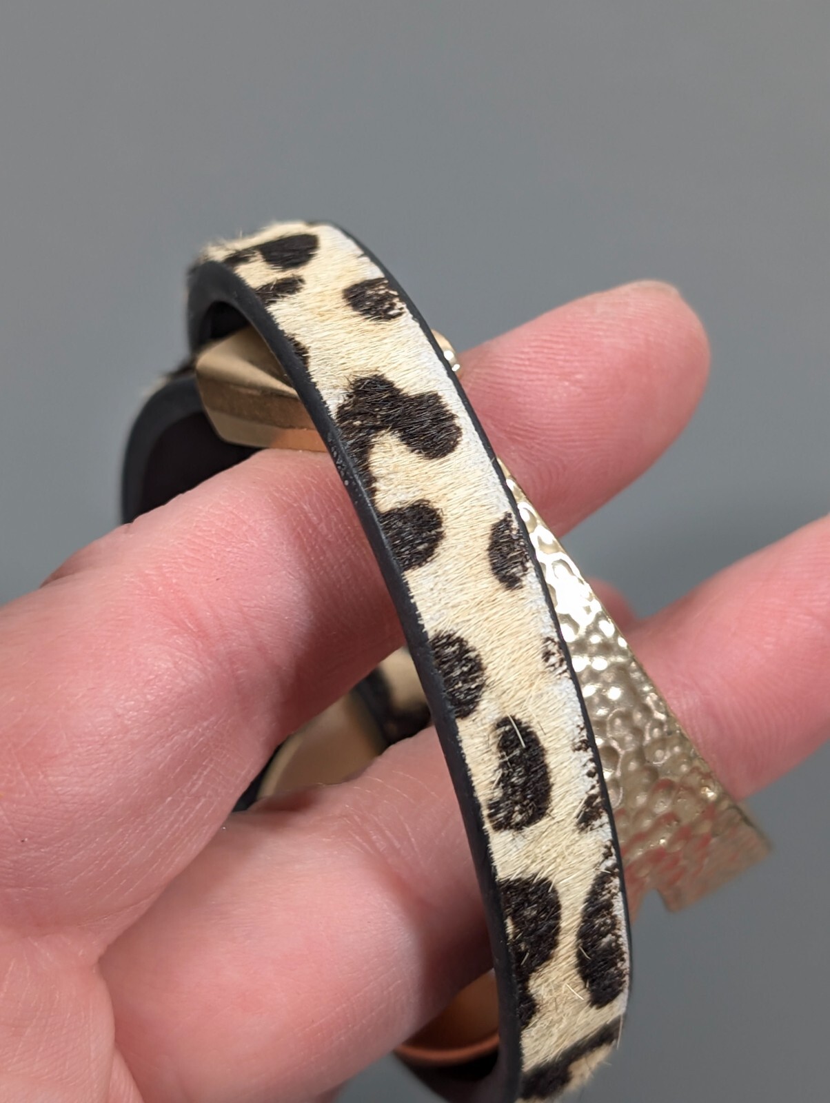 Cheetah Animal Print Faux Fur Gold Tone Hammered Wrap Bracelet 14 inch Boho
