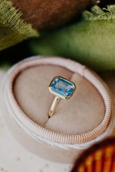 14k Gold Plated 2.00Ct Emerald Lab Created Blue Aquamarine Bezel Engagement Ring