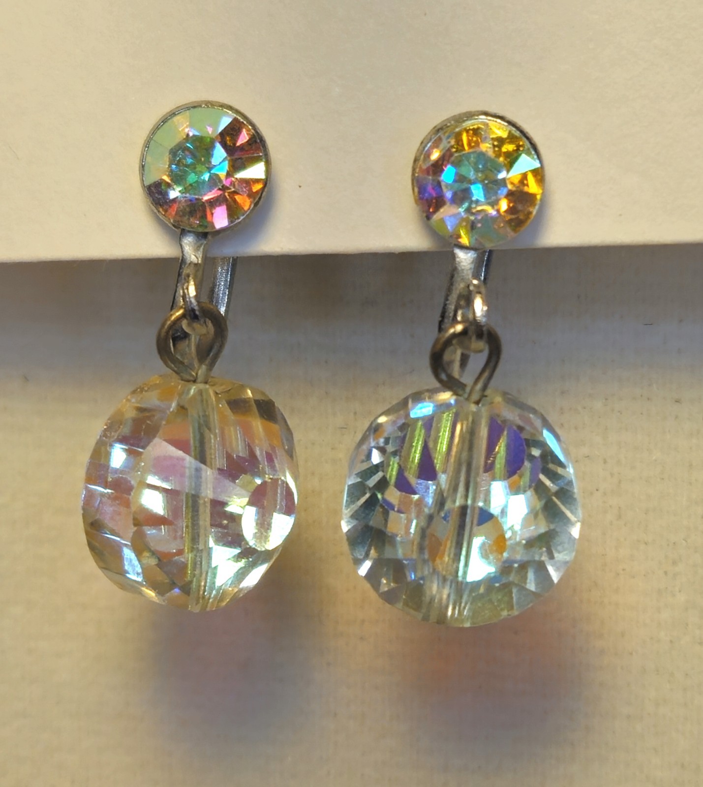 Clear Crystal Prism Earrings • Acrylic Dangle Ball • Silver Tone • 1 Inch