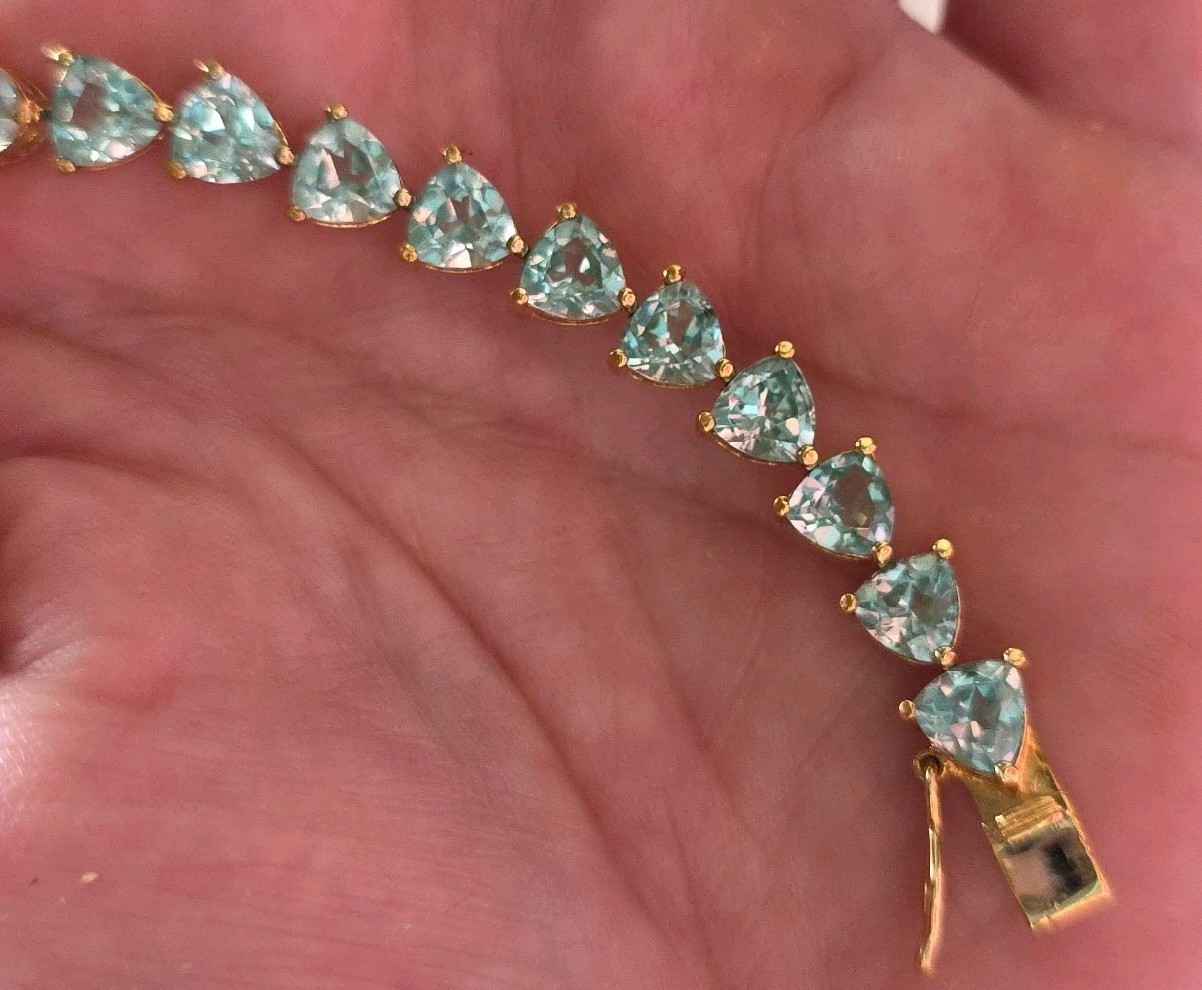 Aqua Blue Green Gold Vermeil Trillion Cut Faux Aquamarine Tennis Bracelet 6.75″