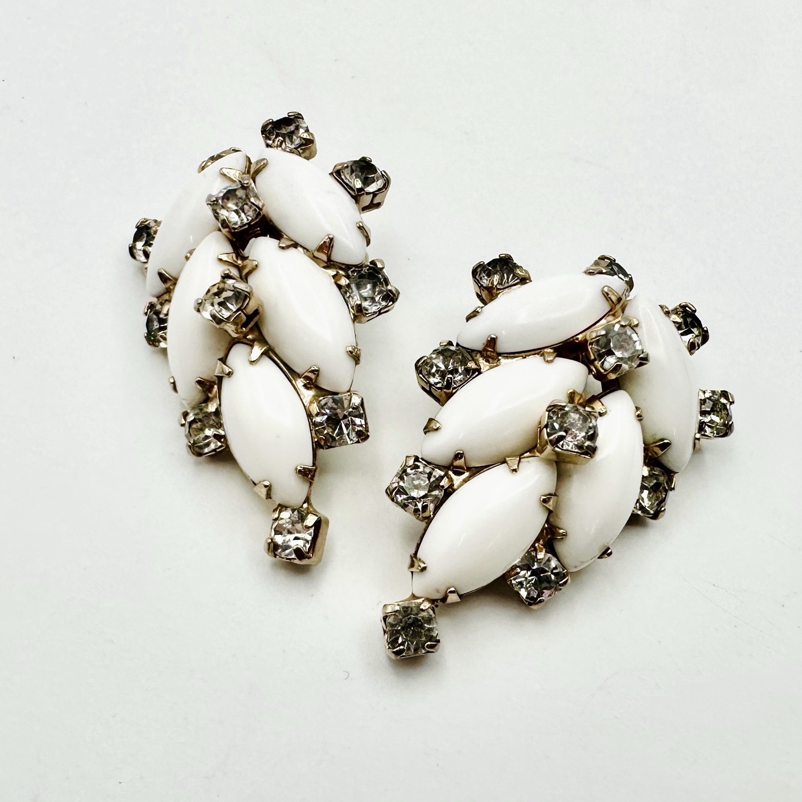 Vintage White Milk Glass Navette Rhinestones Fanned Leaf Clip Earrings Gold Tone