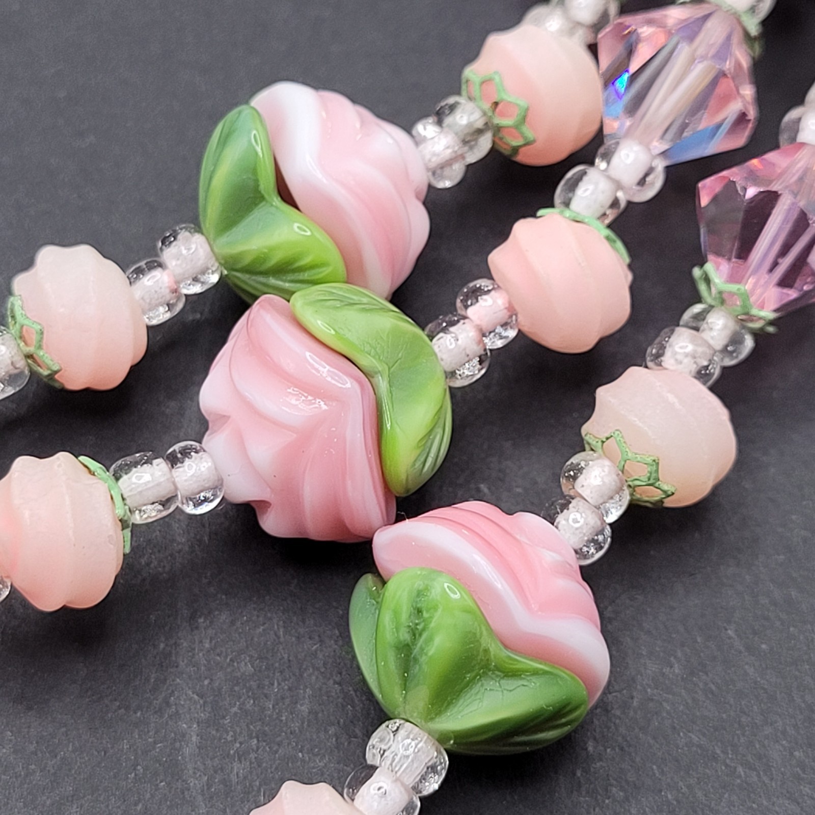 Triple Strand Glass Pink Rosette Green Bottom Rosebuds Bicone Crystal Necklace