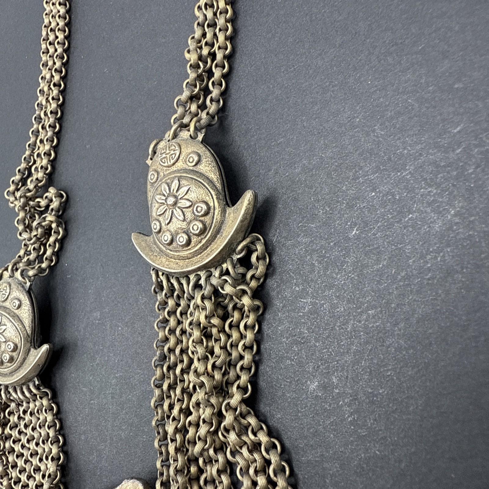 Vintage Knight Sword Shield Festoon Chain Gold Tone Necklace Triangle 15.5” J46