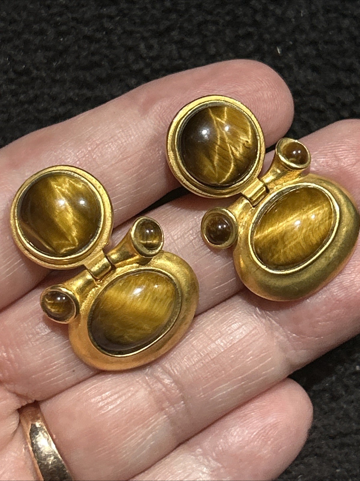 JADED Jewels 22k Gold Plated Beautiful Door Knocker Tiger Eye Clip On Earrings