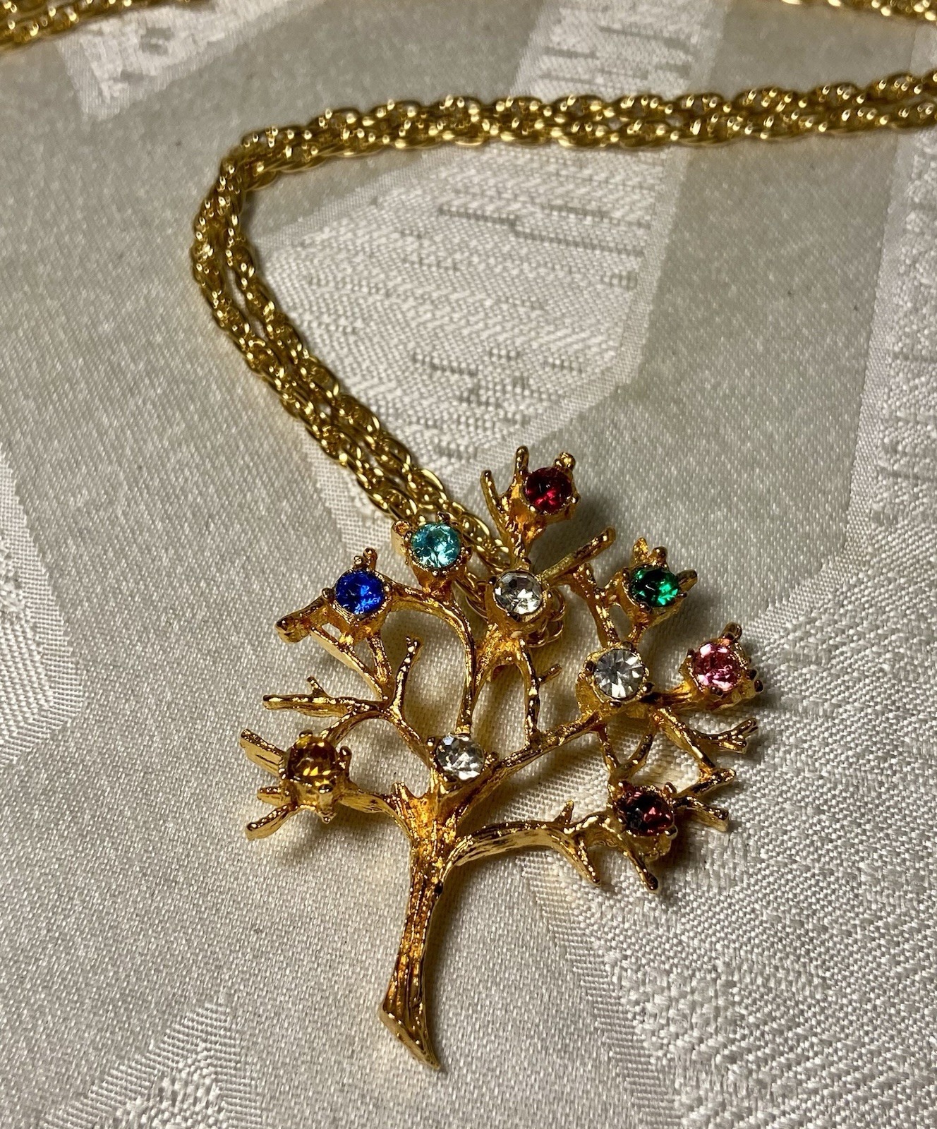 Vintage Regal Gems “Tree Of Life” Gold Tone Multicolor Rhinestone Necklace W/Box