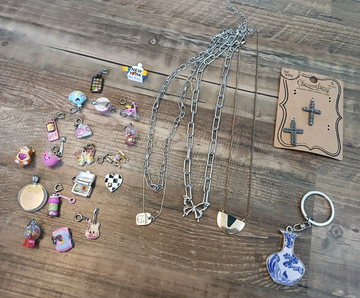 Collectibles lot Metal Charms Charm Necklace Enamel Cross Pendant Treasure Chest