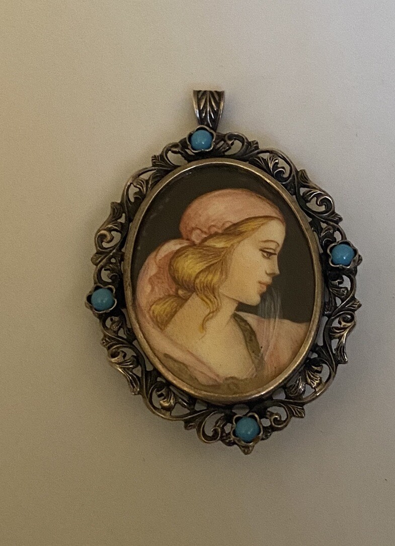 Vintage 800 Silver Filigree Blue Glass Hand Painted Portrait Brooch or Pendant