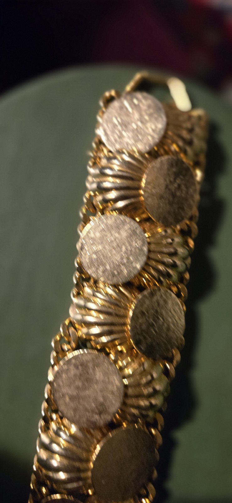 Vintage Gold Tone Metal Shells And Coins Details Bracelet 8″ Long 1.5″ Wide