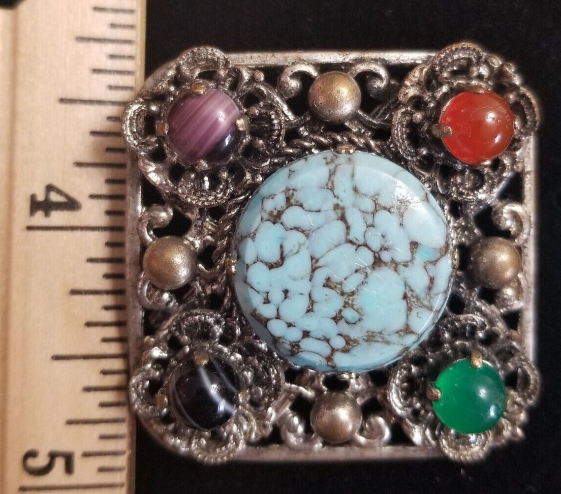 Vintage Brooch and/or Pendant, Silver Tone w Multicolor Faux Stones Gold toned