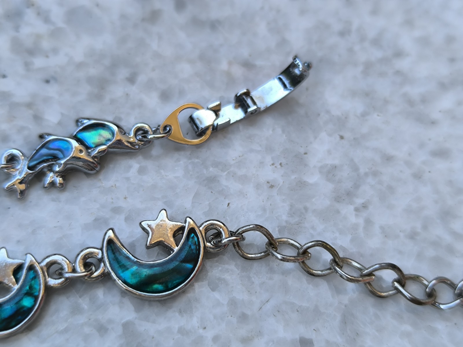 Two vintage cute metal and Abalone shell bracelets