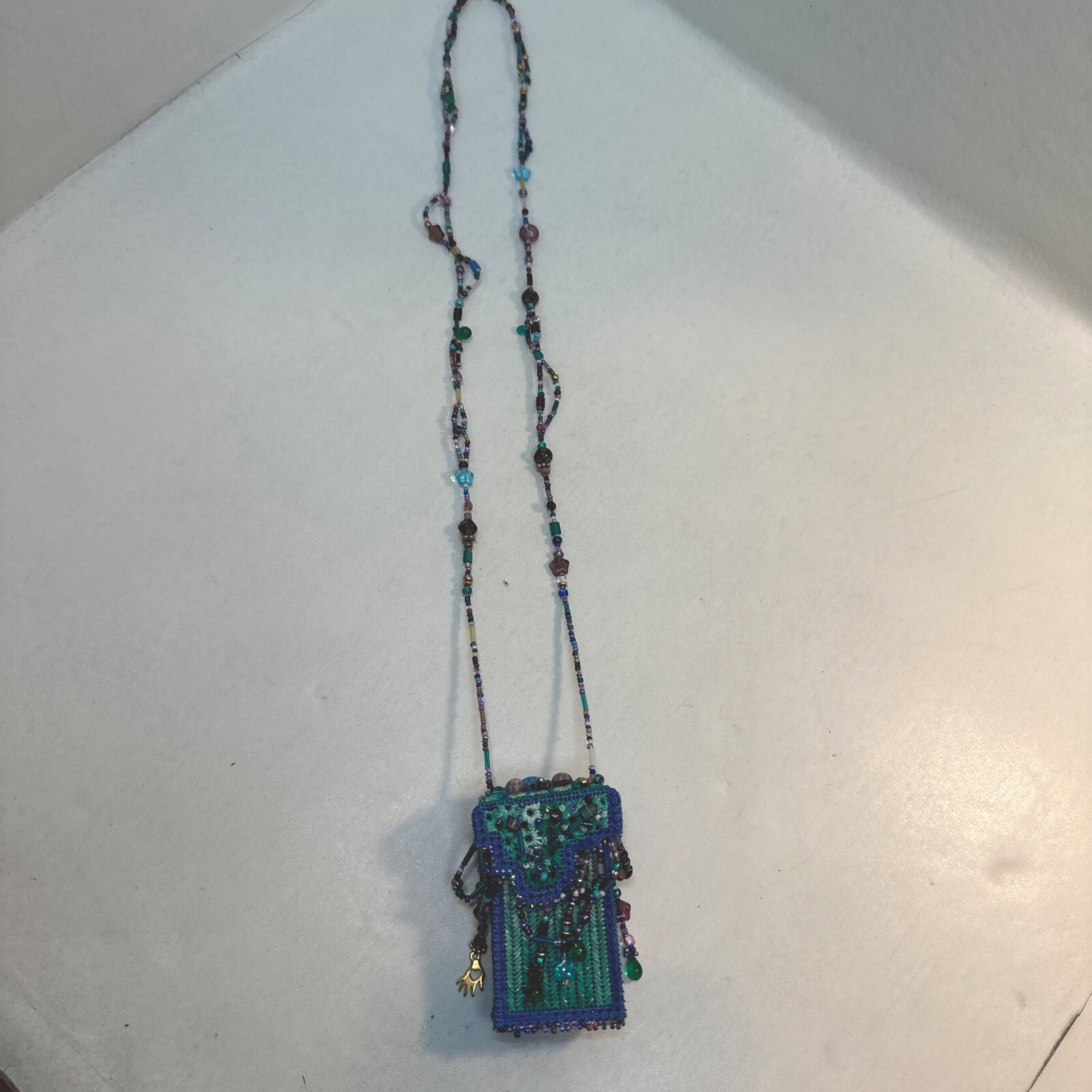 Vintage Handmade Blue Seed Bead Purse Necklace With Beaded Fringe-Bo Ho-Hippie