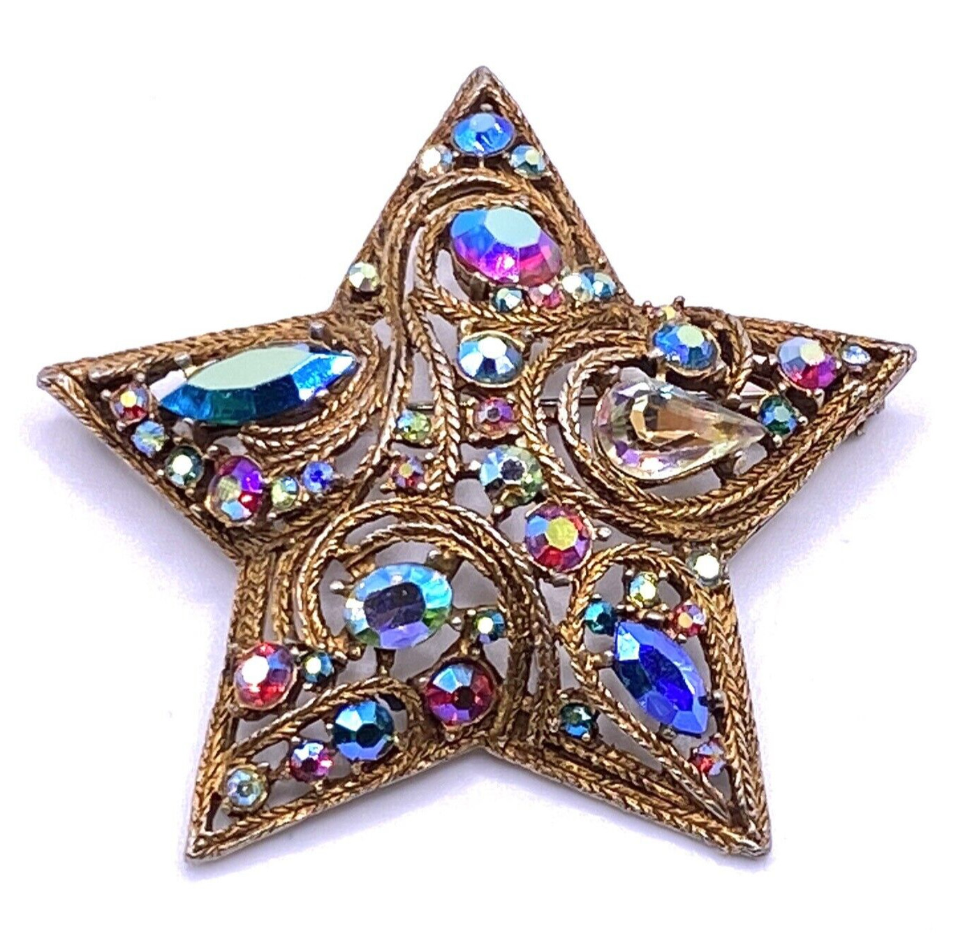 La Roco 1950s Star Brooch Colorful Gold Tone Rhinestones Textured Gold Plate