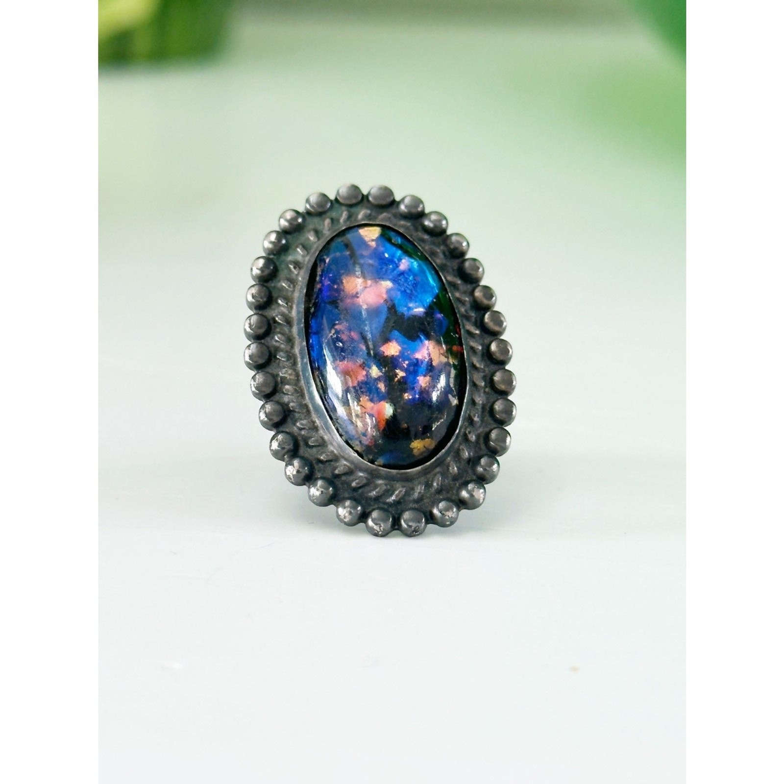 Vintage Mexico Dichroic Glass Sterling Silver Ring Foil Art