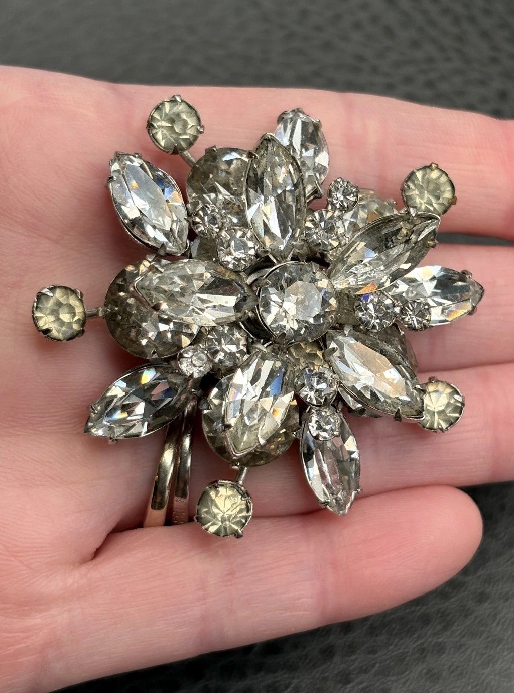 Vintage Austrian Rhinestone Atomic Starburst Brooch Silver Tone Crystal Pin