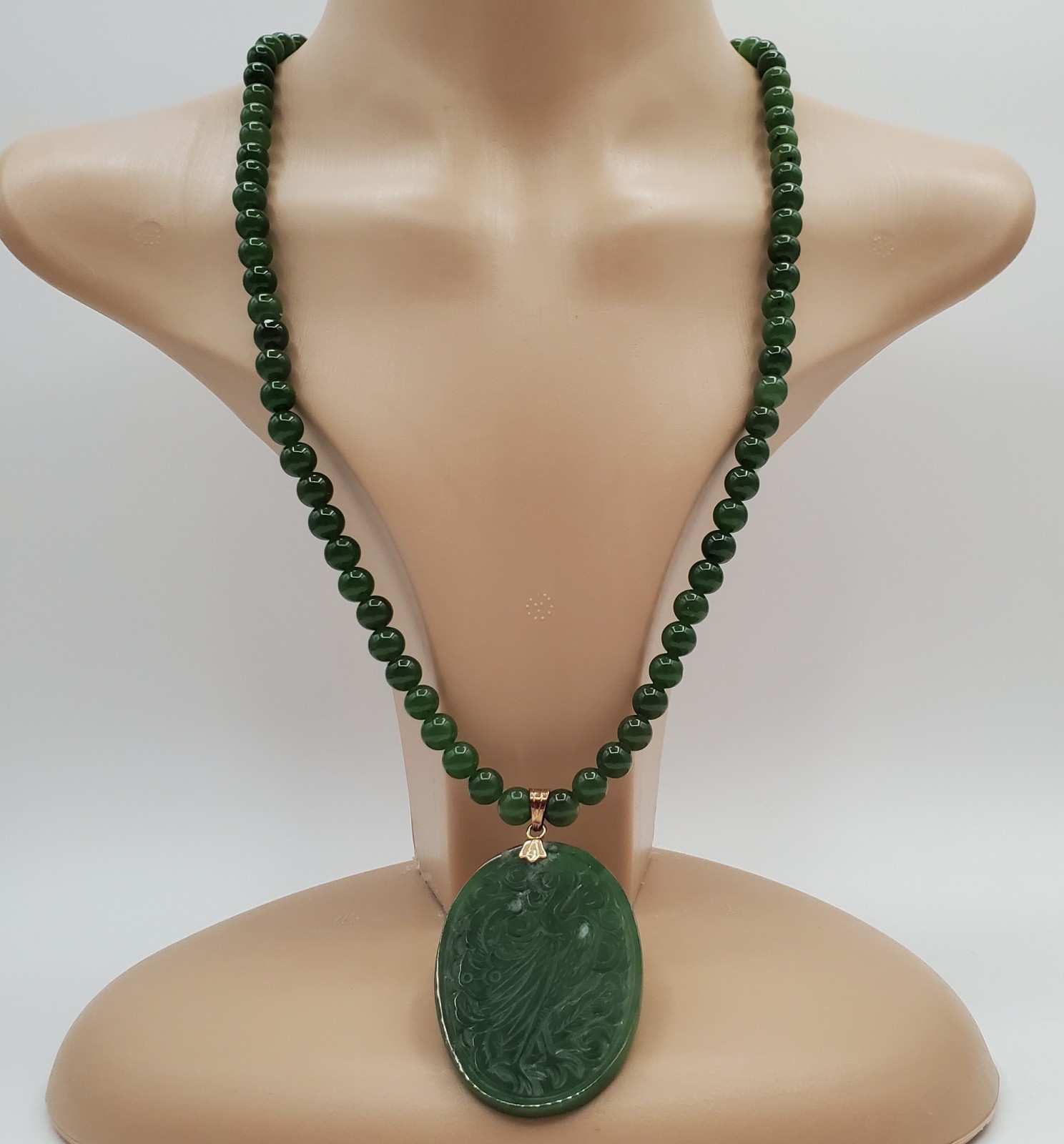 VTG 925 Spinach Jade Crane Dragon Pendant 24in Bead Necklace Carved Reversible