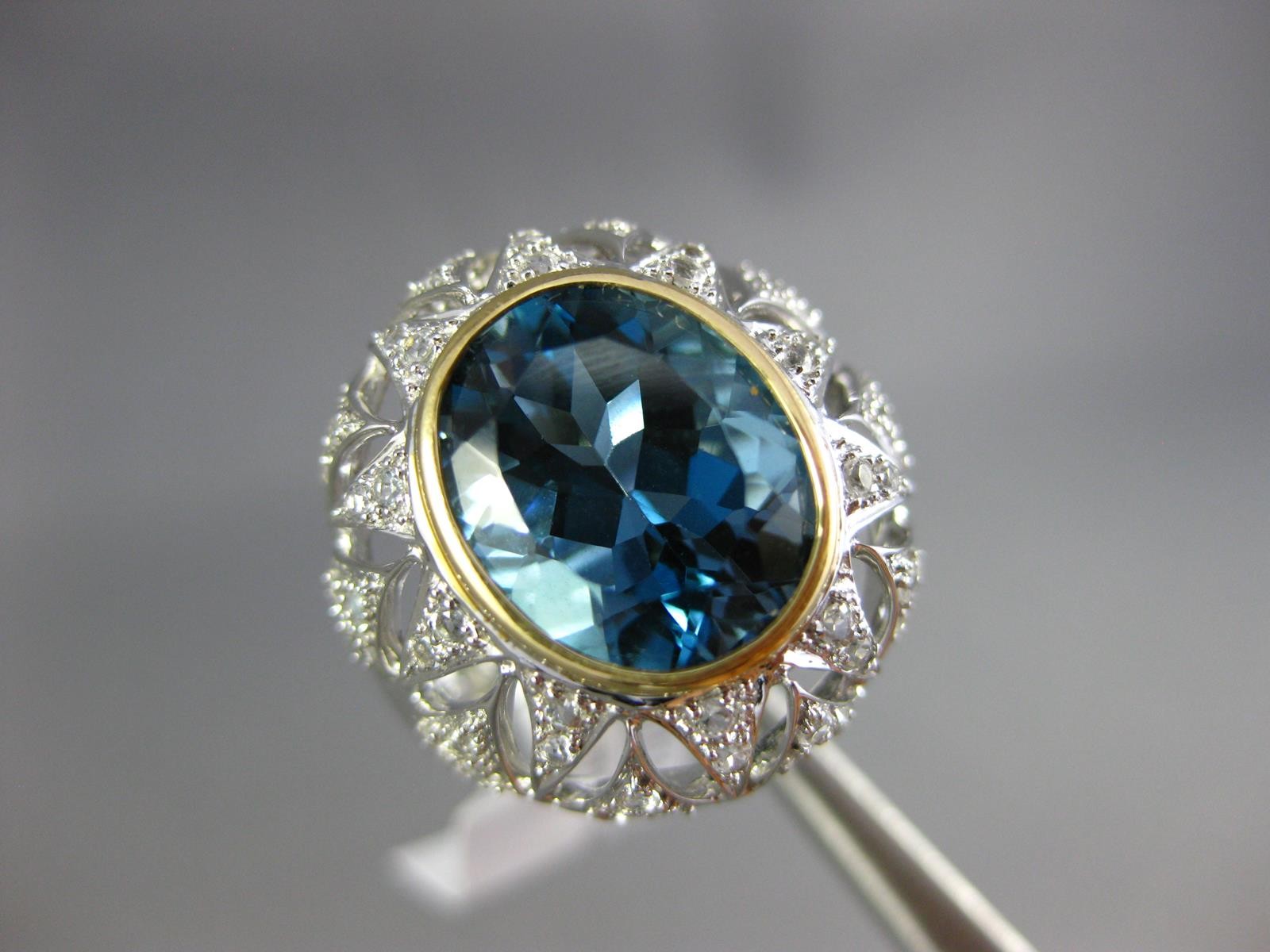 LARGE 6.04CT AAA LONDON BLUE TOPAZ & WHITE SAPPHIRE 14KT 2 TONE GOLD OVAL RING