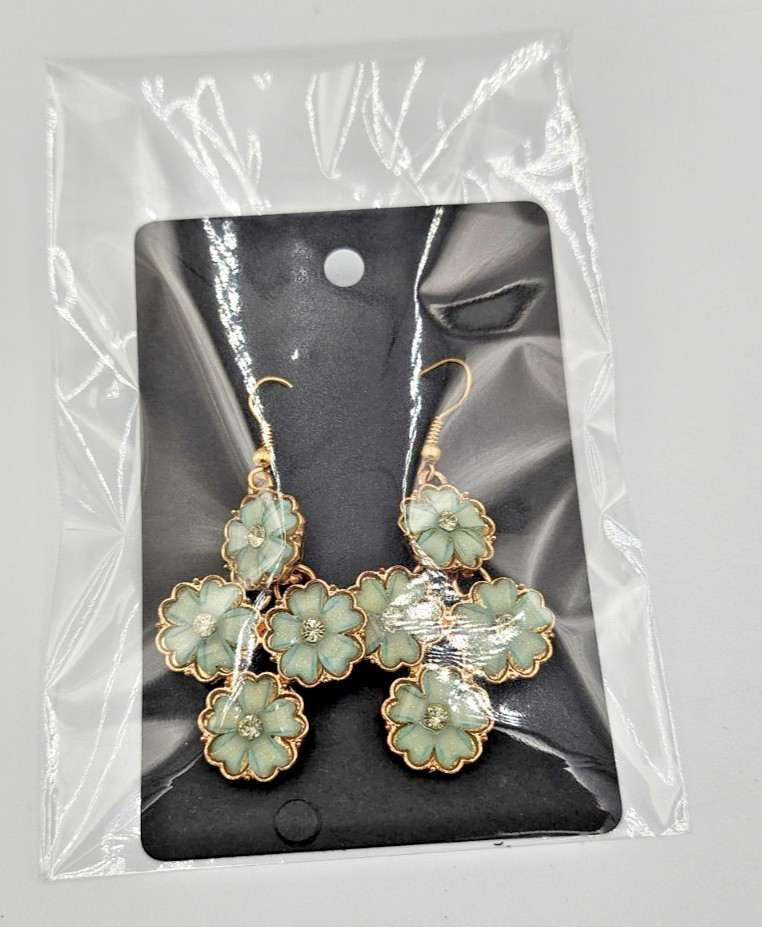 Vintage Gold Tone Blue Green Flower Dangle Earrings Rhinestone Pierced