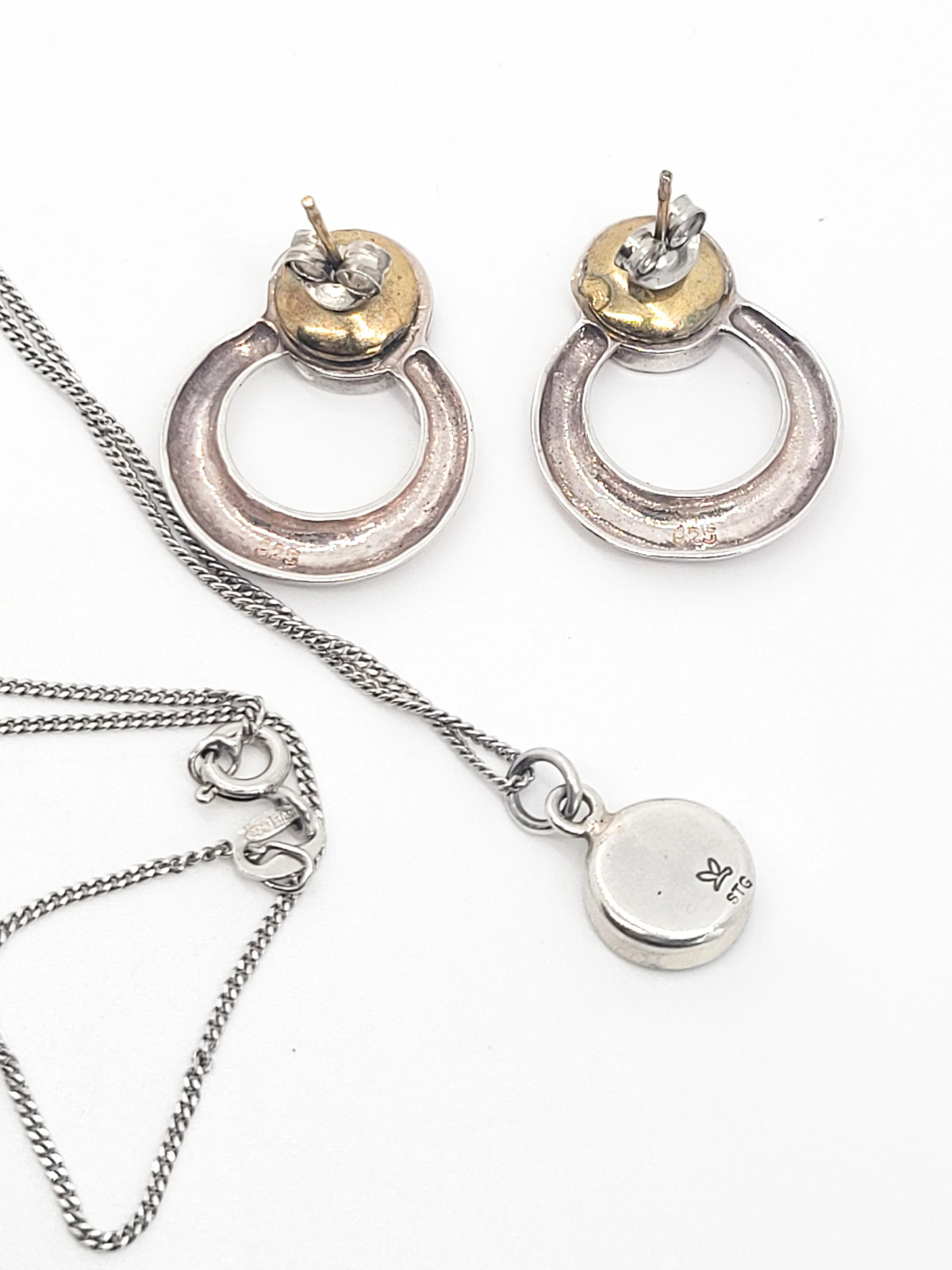 STG Abalone Paua shell sterling silver hoop earrings and pendant necklace set