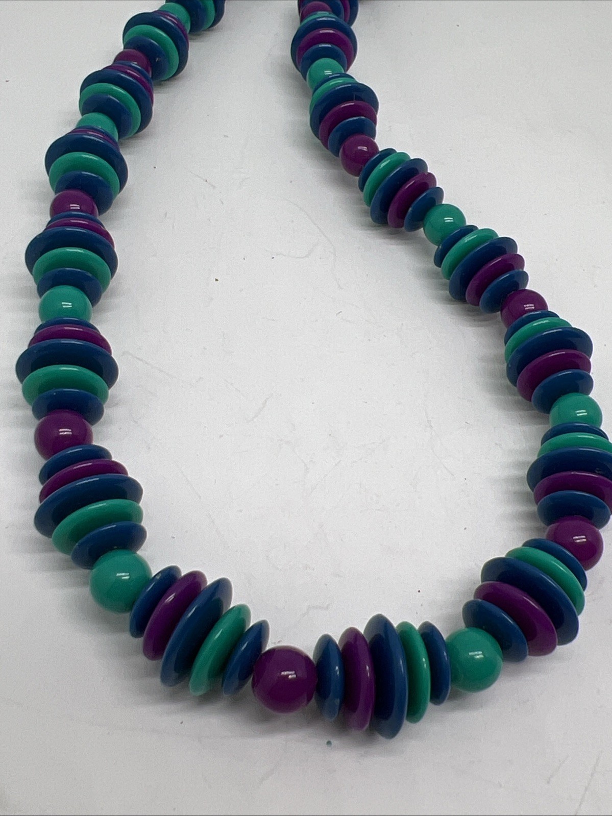 Vintage Multi-Color Disc Bead 24” Necklace Teal Purple Blue Bohemian Retro Style