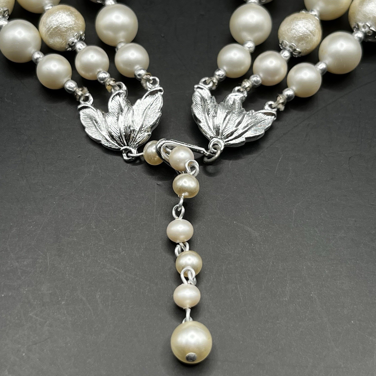 Vintage Japan Necklace Faux Pearls AB Beads Graduated Triple Strand *READ NOTES