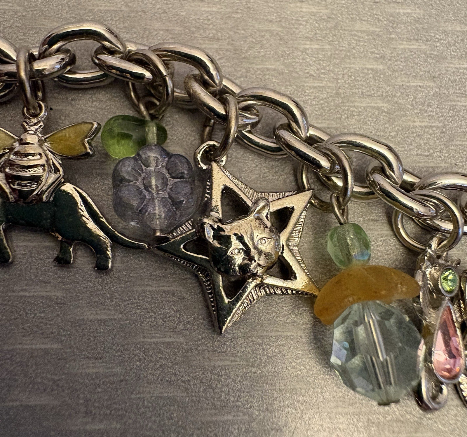 Vintage Kirks Folly Cat Lover Garden Fairies Whimsical Charm Bracelet Silvertone