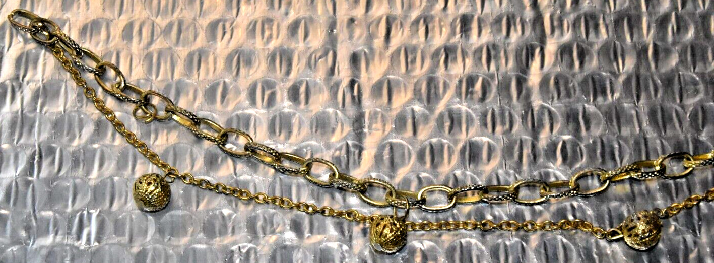 Antique Gold Colored Metal Bracelet w/Oval Links & Thin Loose Chain w/ 3 Balls