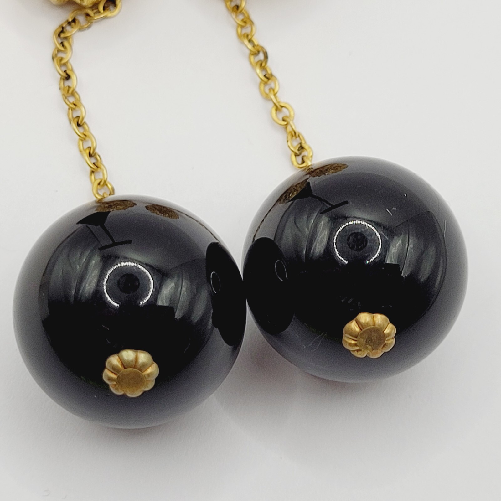 DeNicola Black Ball & Chain Long Drop Dangle Runway Gold Tone Clip On Earrings