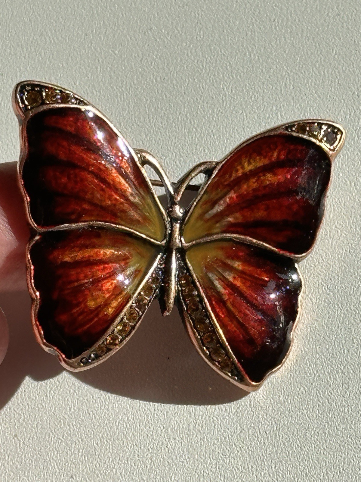 Butterfly Brooch Pin Vintage Rhinestone Enamel Copper?