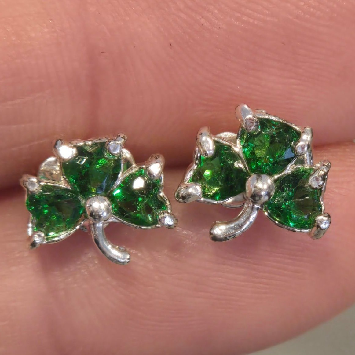 Vintage Avon Shamrock Earrings St. Patty’s Day Dainty Jewelry Green Rhinestones