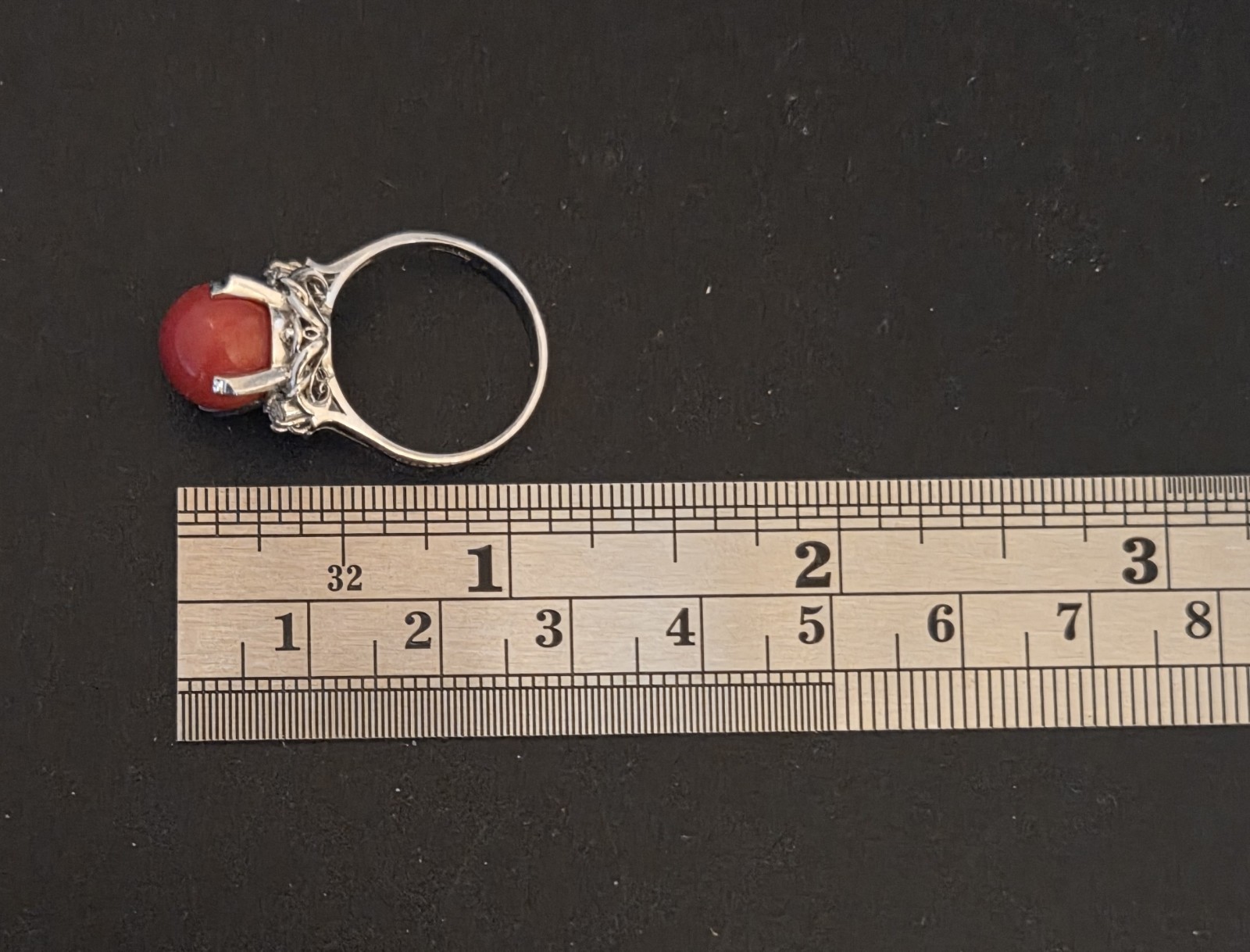 Antique 19th Century 900 Platinum Natural Coral & Diamonds Ring Sz 5-3/4