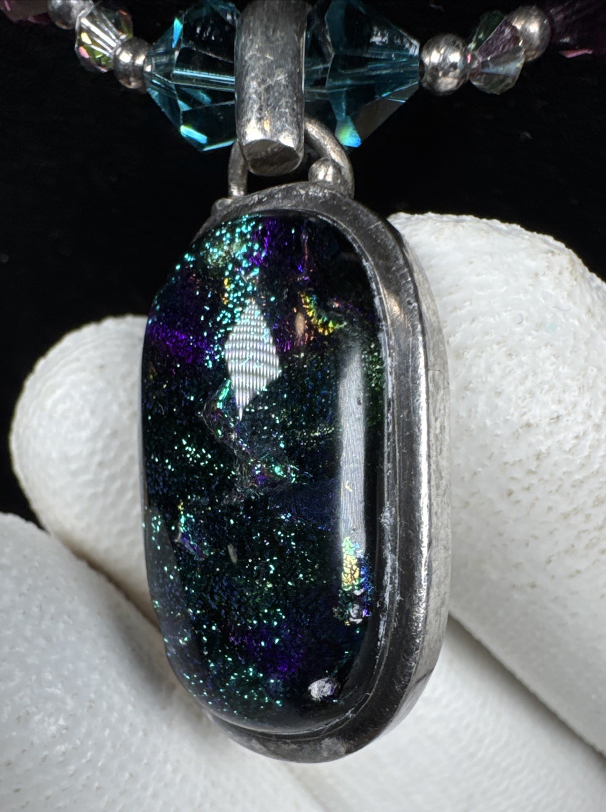 ✨Vintage Dichroic Glass 925 Sterling Silver Beaded Necklace 18” Toggle Closure