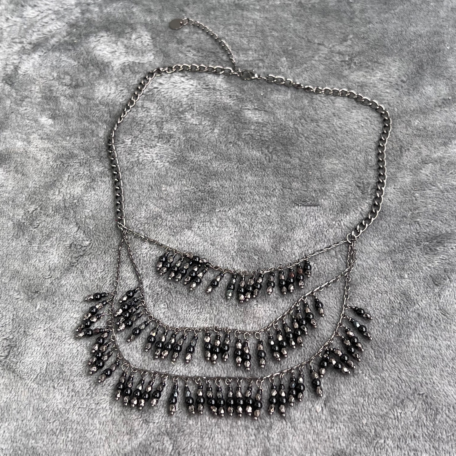Talbots Layered Fringe Necklace Statement Black Beaded Gunmetal Dangle 20 in