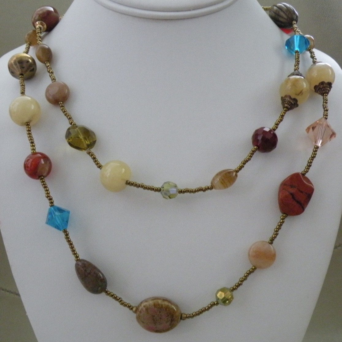 Vintage Multicolor Mixed Polished Gemstones & Faceted Crystal Bead Necklace 40″