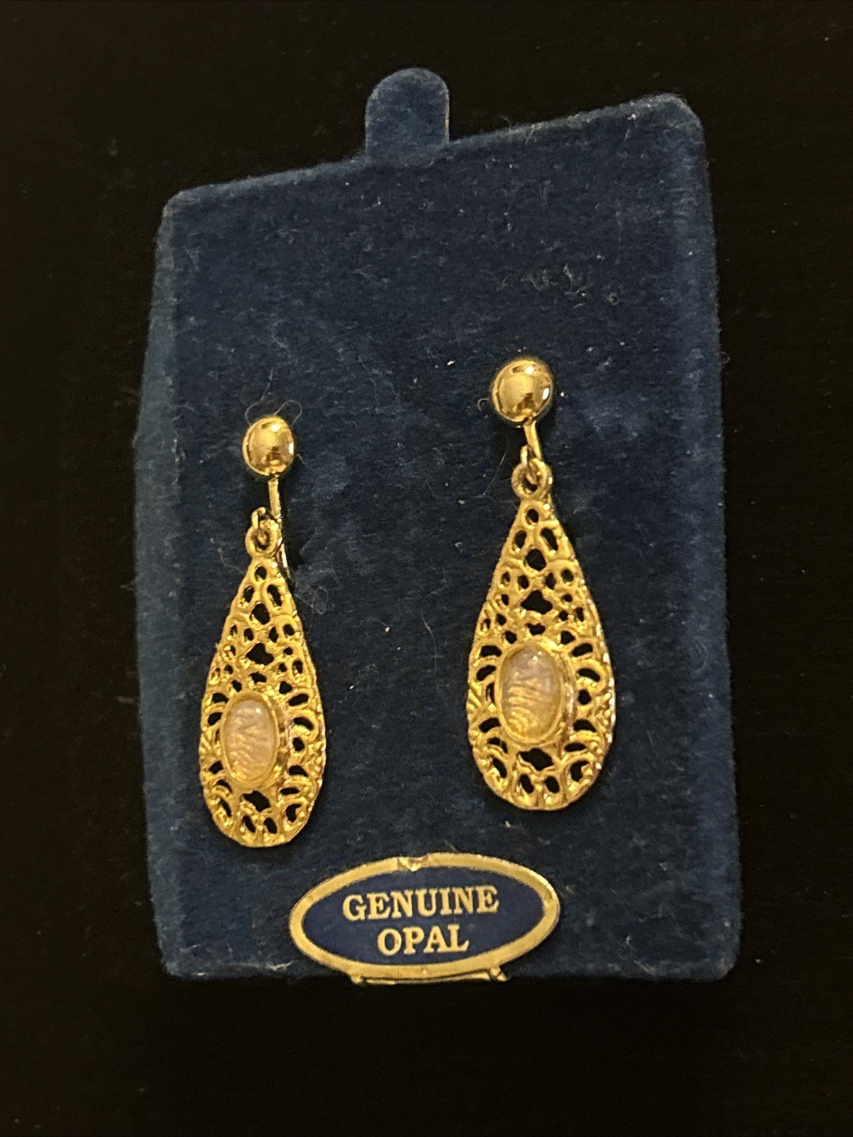 NEW Vintage OPAL Gold Tone Gemstone Filigree Earrings Clip on Dangle VTG GENUINE